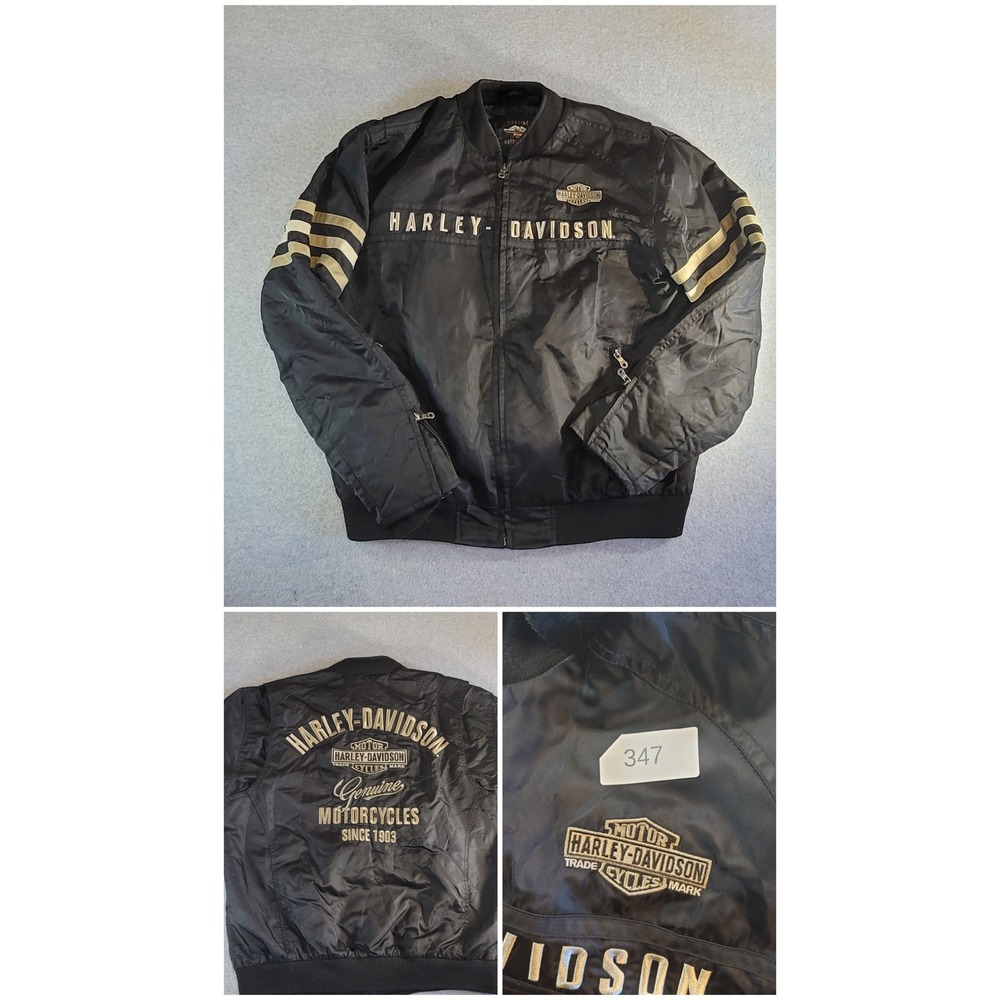 Harley-Davidson Mens Black Nylon Bomber Jacket Embroidered Racing Stripes Large
